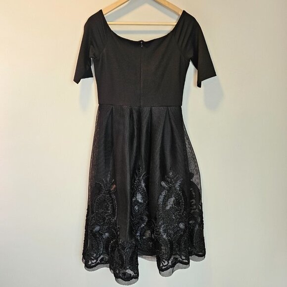 Gianni Bini Black Off Shoulder Mesh Embroidered Detail A-line Skirt Dress Medium - Picture 5 of 9